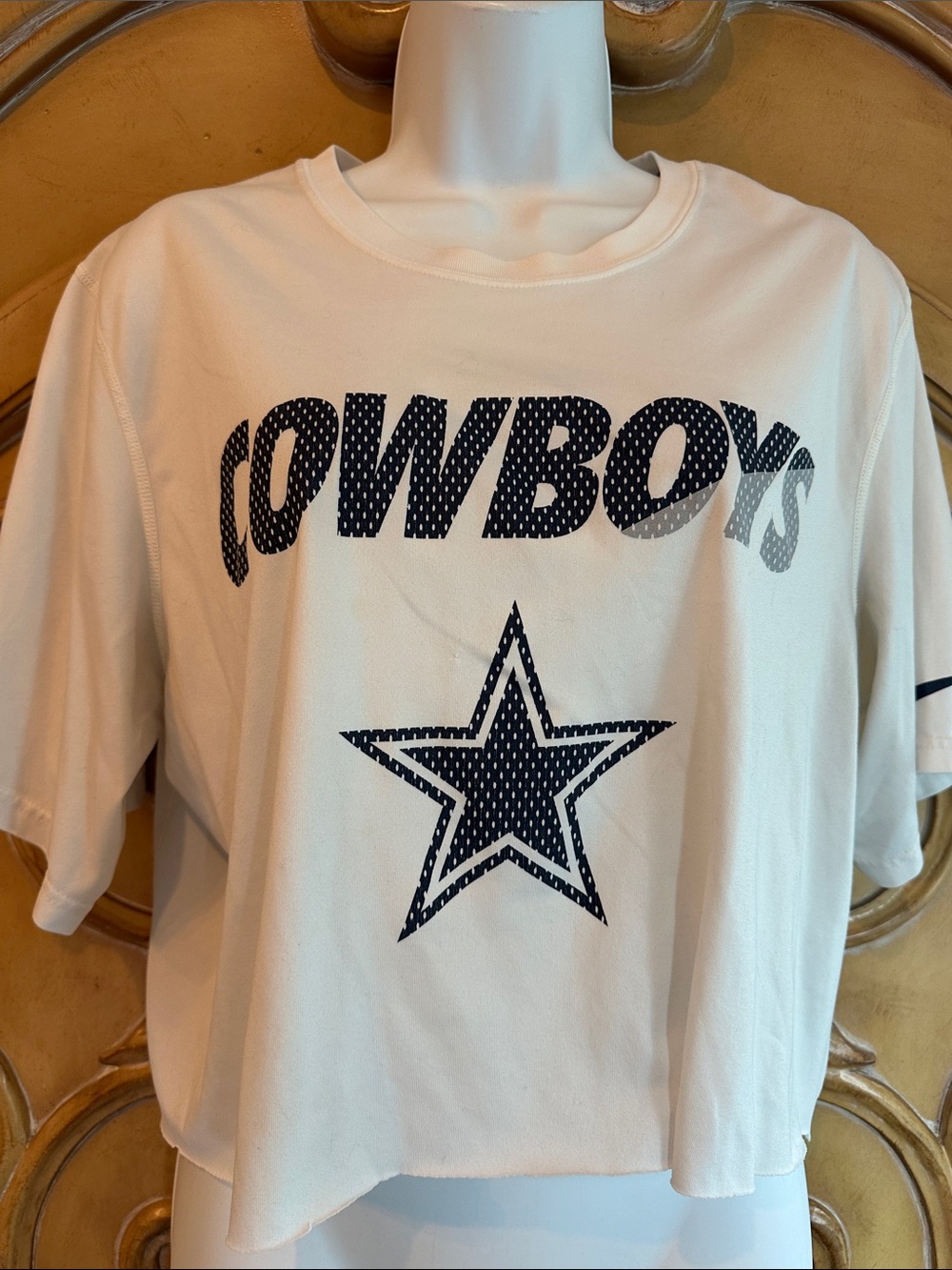 Nike White Crop Top with Navy 'COWBOYS' Graphic and Star